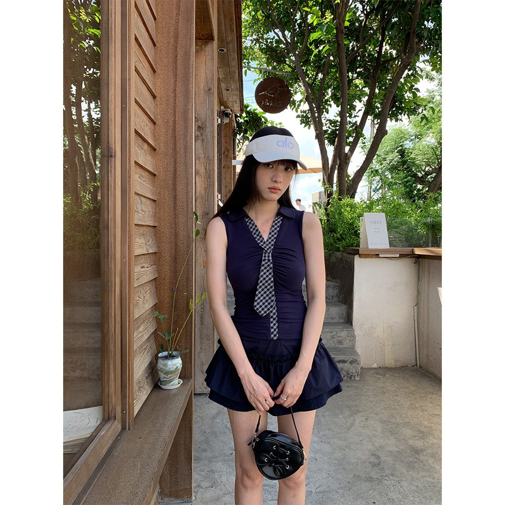 Plaid Collar Tie V-neck Vest + Unique Personalized Pleated Skirt Women