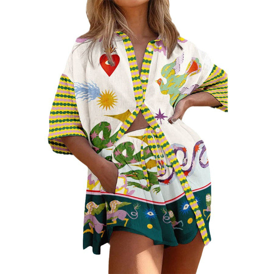 Summer Short Sleeve Shirt Loose Vacation Pocket Two-Piece Set for Women