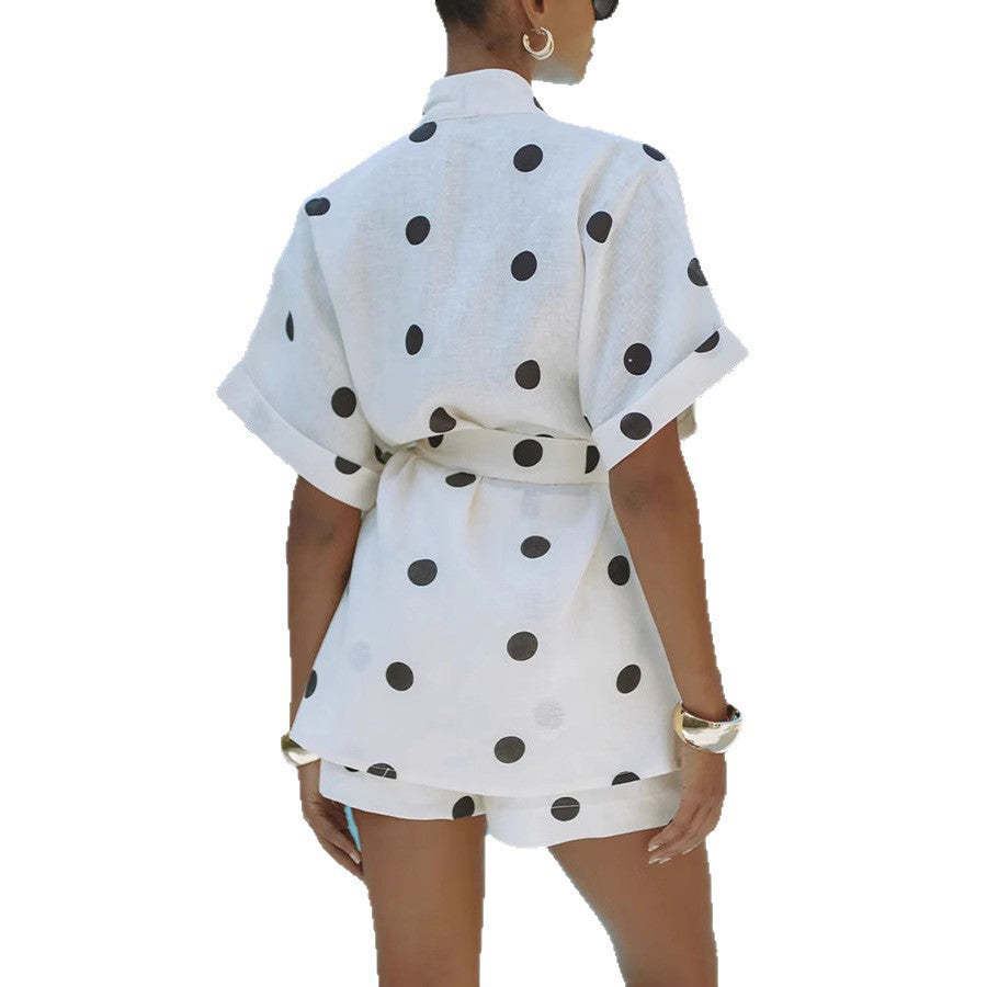 Bohemian Dot Linen Printed Short Pants Set Women's Loose Two-Piece Suit for Spring and Summer Vacation