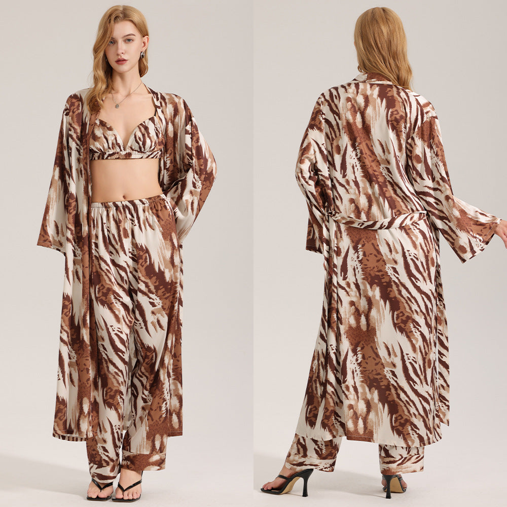 Women's summer long robe and pants three piece set
