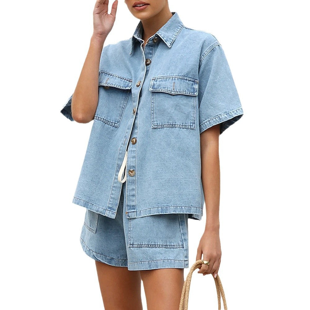 Loose pocket short sleeved shirt shorts denim two-piece set