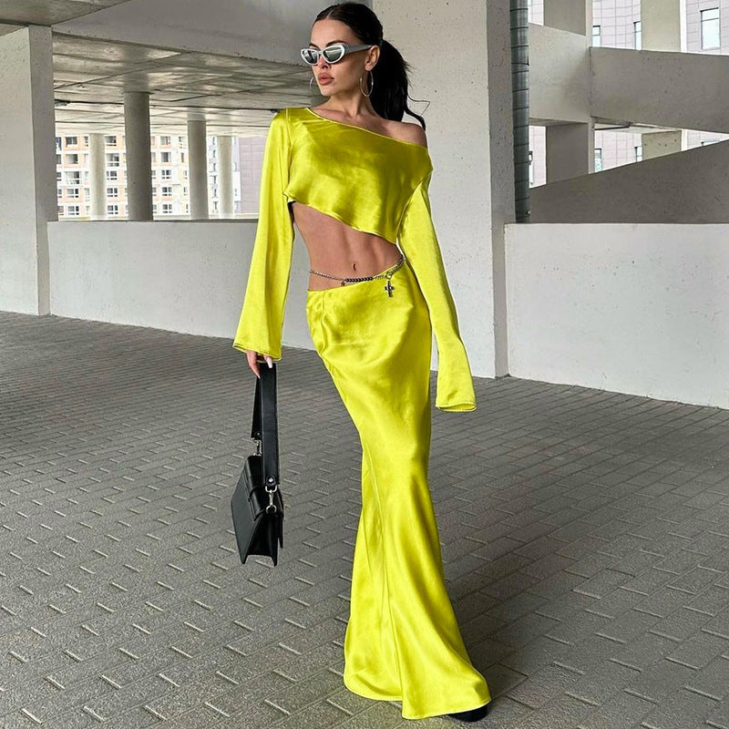 Women's Sexy Fitted Crop Top Pure Color Elegant Skirt Set