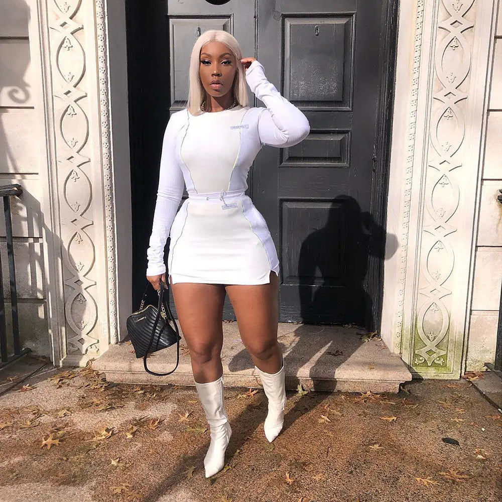 Reflective Trim Long Sleeve Two-Piece Dress Set