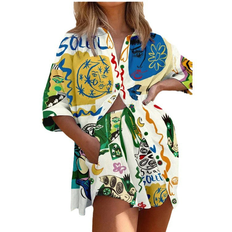 Summer Short Sleeve Shirt Loose Vacation Pocket Two-Piece Set for Women