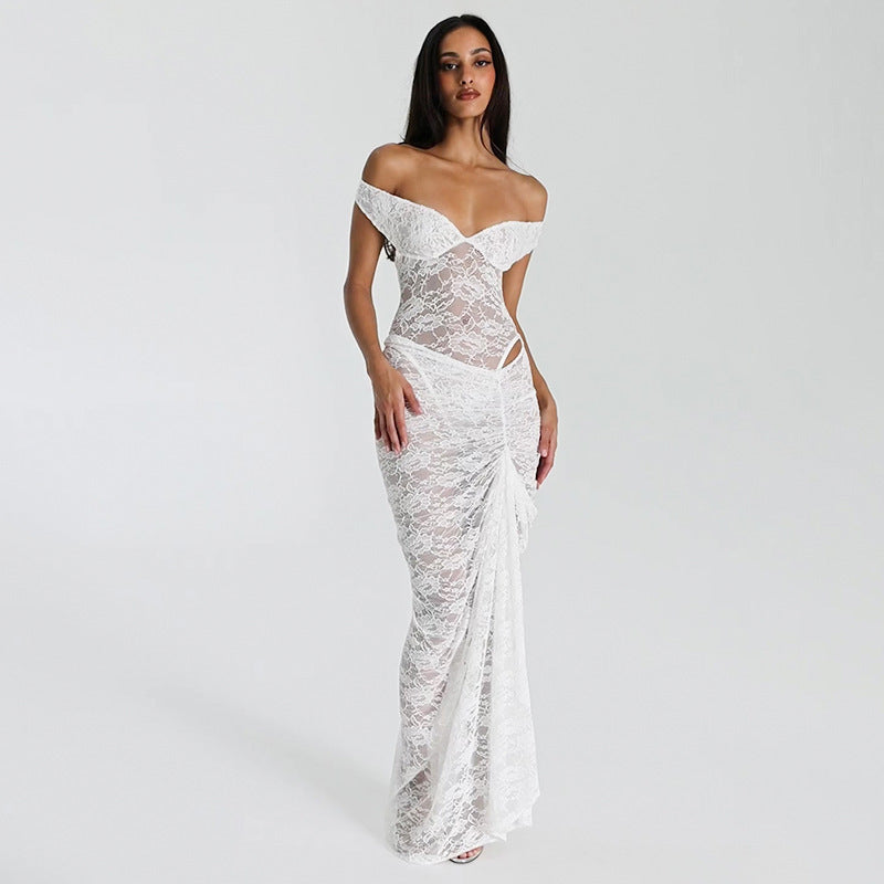 Lace dress sexy hollowed out see through jumpsuit half body long skirt two-piece set