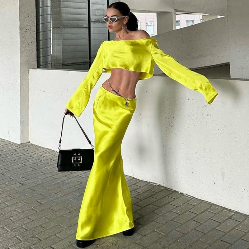Women's Sexy Fitted Crop Top Pure Color Elegant Skirt Set