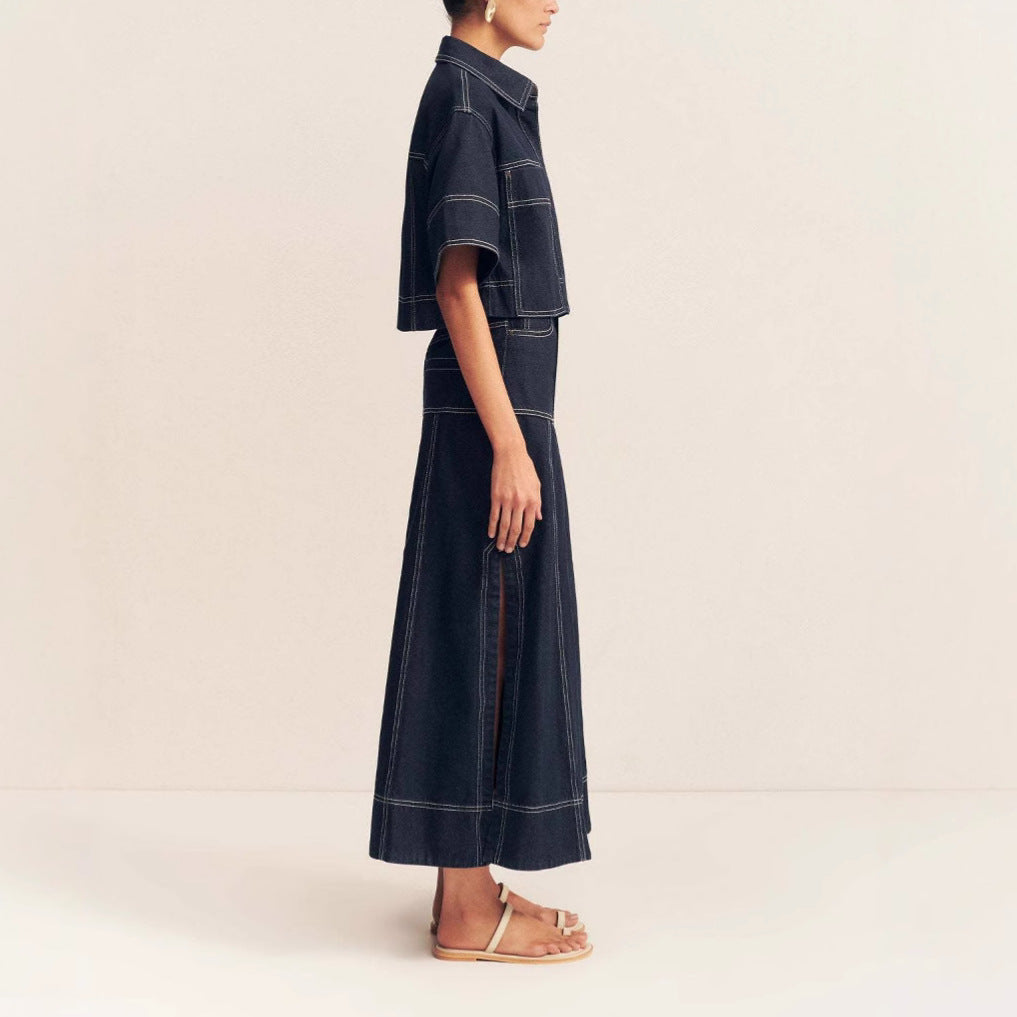 Pocket short sleeved shirt split half skirt denim two-piece set