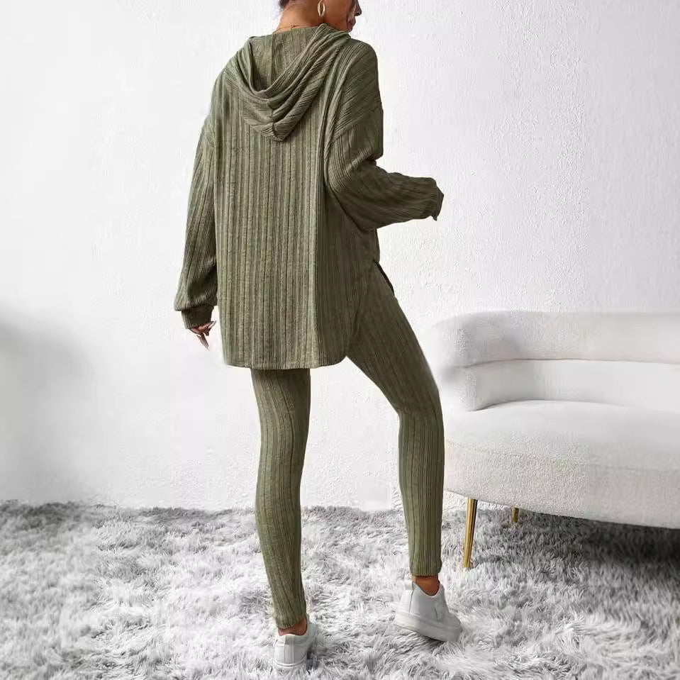 Autumn and Winter Style Loose Hooded Long Sleeve Casual Trousers Ribbed Suit