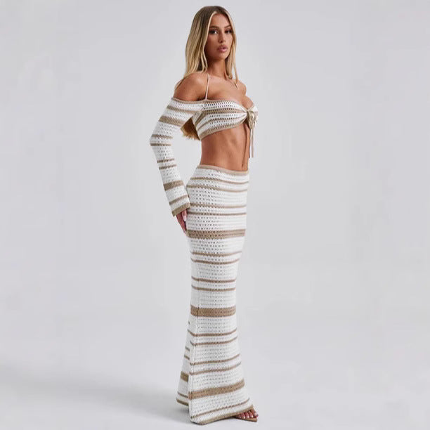 Women's Suit Summer Striped Long Sleeve Halter Top and Skirt Two-Piece Set