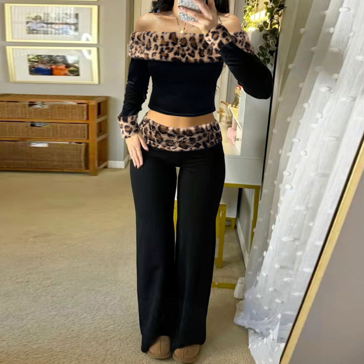 Women's Leopard Print Fuzzy Low Waist Pants One Shoulder Tight Long Sleeve T-Shirt Casual Suit