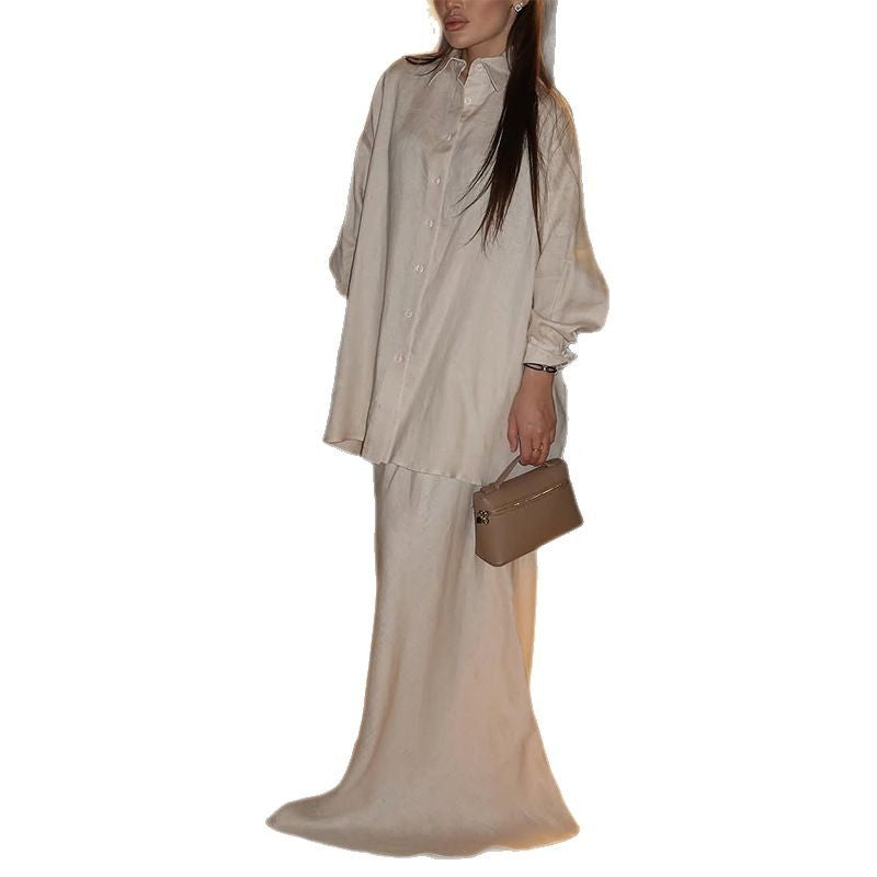 Collar loose long sleeved shirt high waisted skirt set