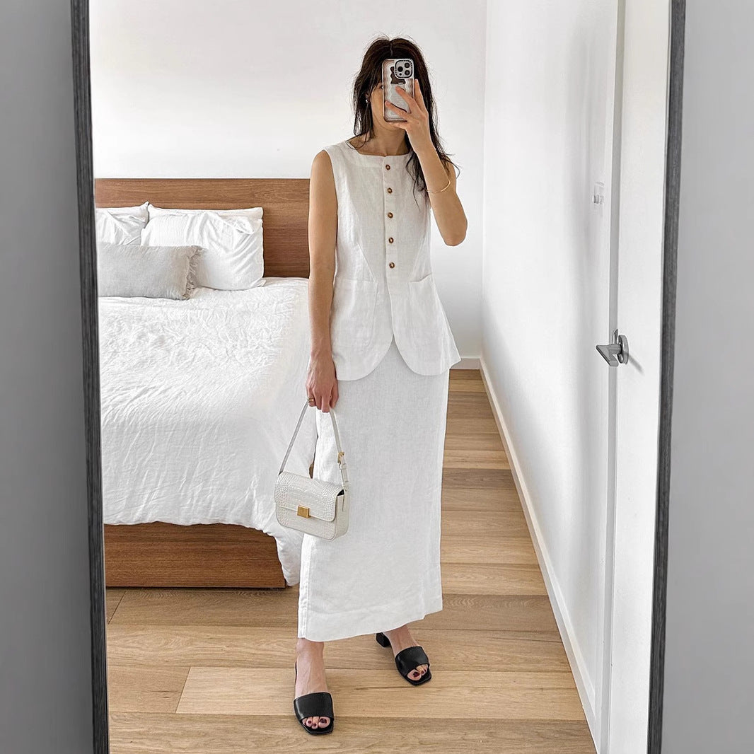 Vest High-Waist Skirt Set Linen Casual Suit for Women