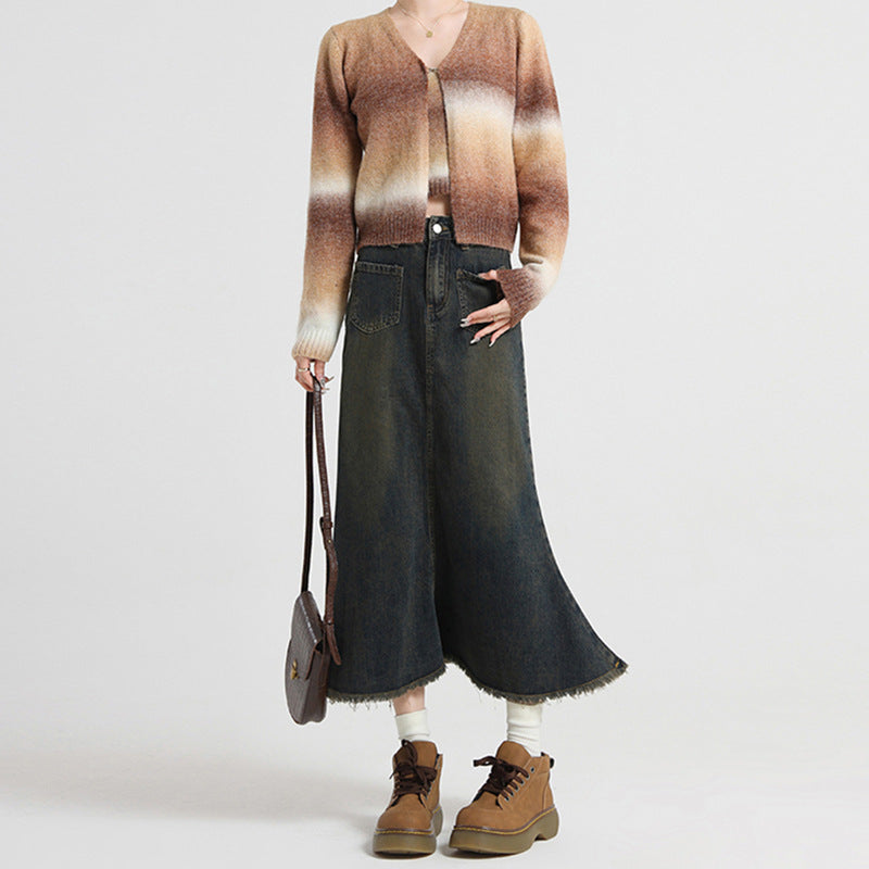 Lazy Style Versatile INS Denim Skirt Women High Waist Slimming Mid-Length A-Line Pencil Skirt