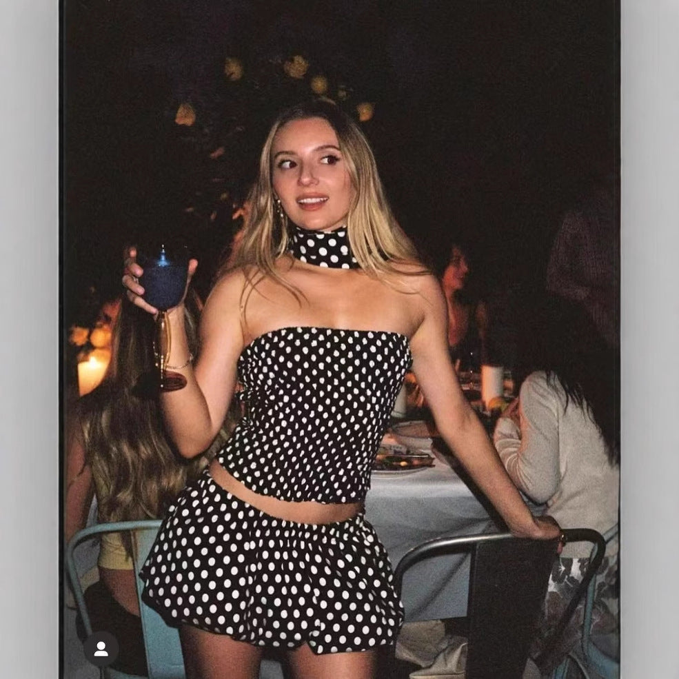 Women's Fashion Sexy Halter Polka Dot Tied Top + Skirt Set