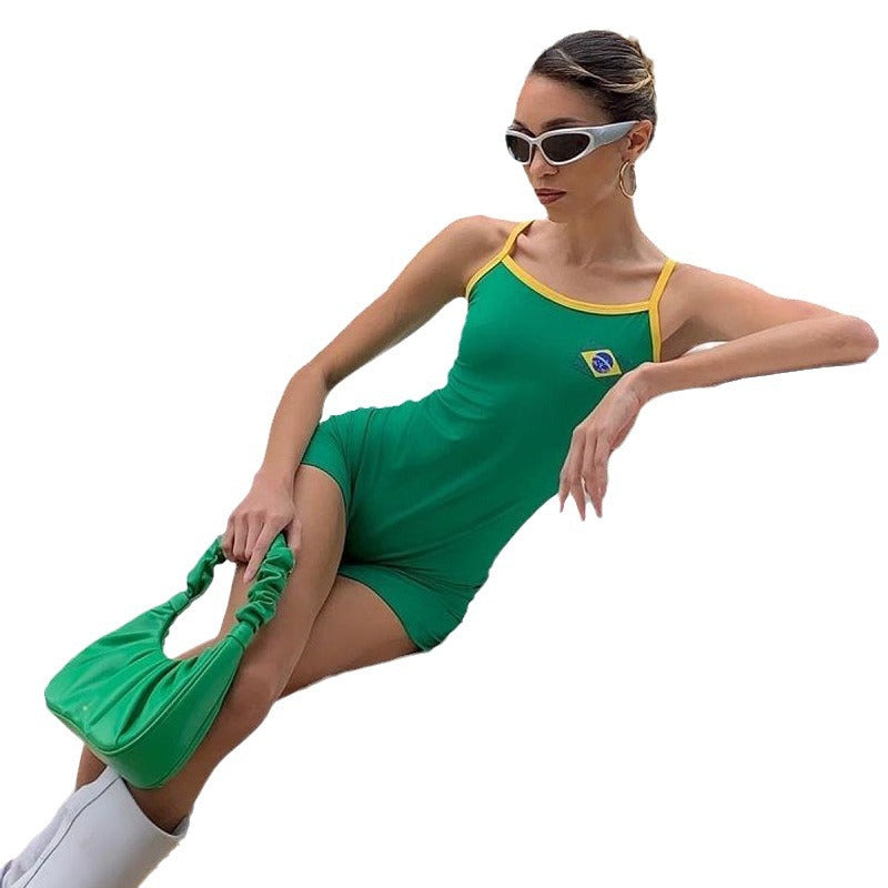Sexy Solid Color Personality Women's Sleeveless Strap Slim Color-Blocking Jumpsuit
