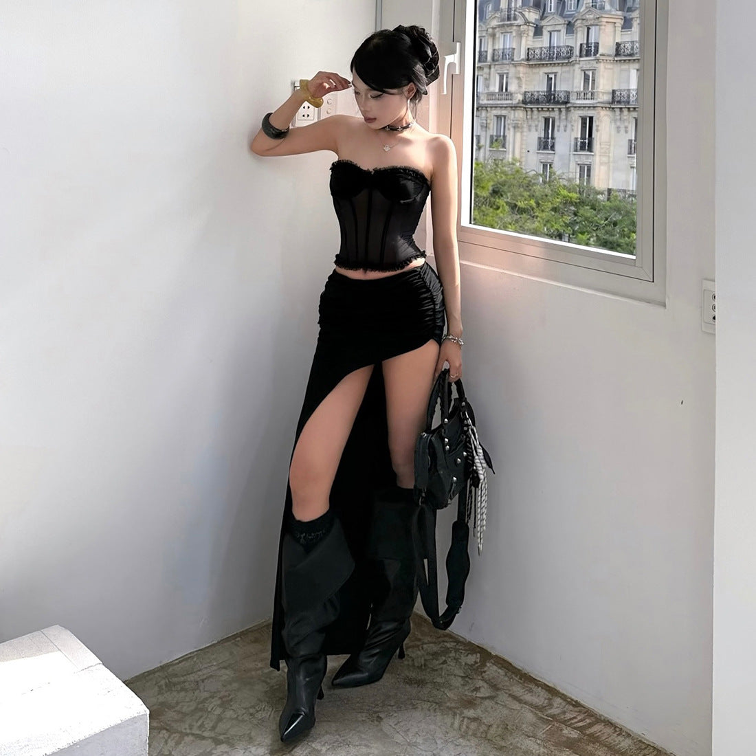 Temperament slim fit versatile top irregular skirt set