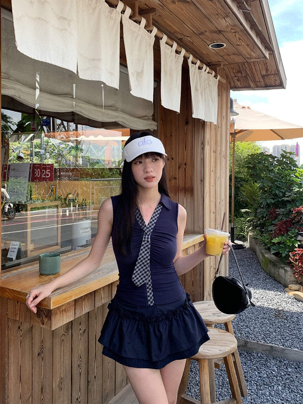Plaid Collar Tie V-neck Vest + Unique Personalized Pleated Skirt Women