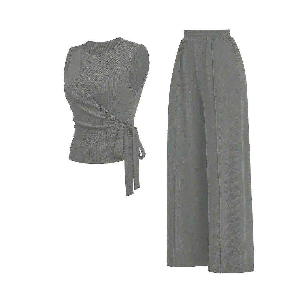 Women's Waist Tie Design Round Neckp with High Waist Casual Straight Leg Pants Two-Piece Set