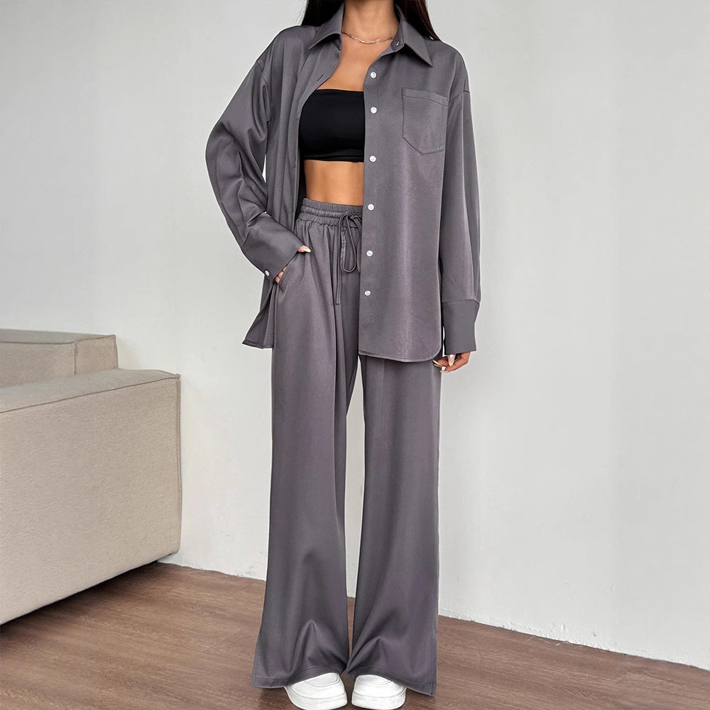 Two-Piece Set Button-Down Collar Top Loose Fit Comfortable Wide-Leg Long Pants
