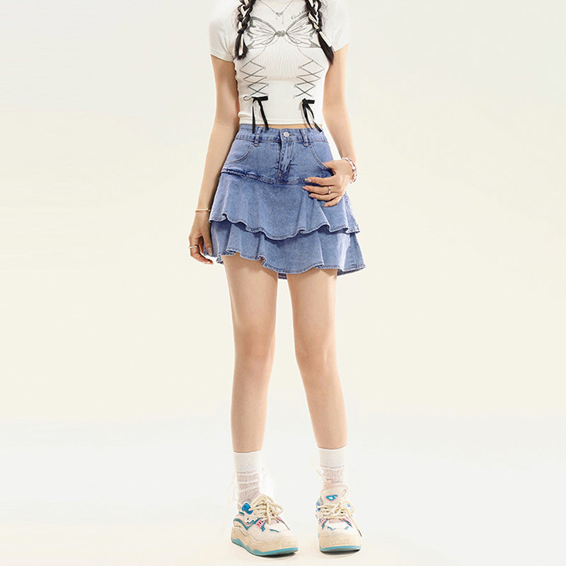 Spicy Girl Casual Sweet Denim Skirt Women High Waist Slim Flared Denim Skirt