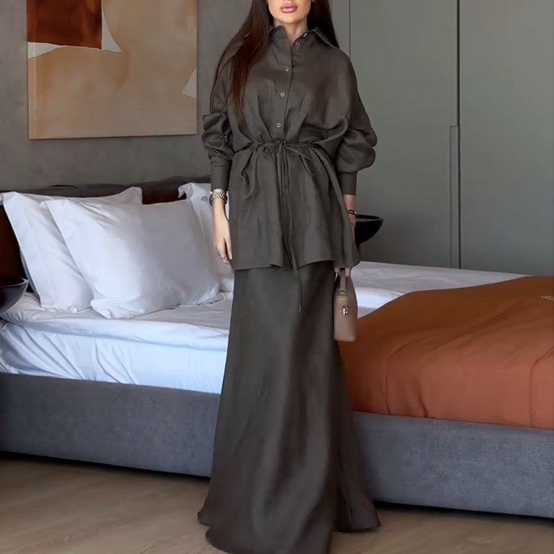 Collar loose long sleeved shirt high waisted skirt set