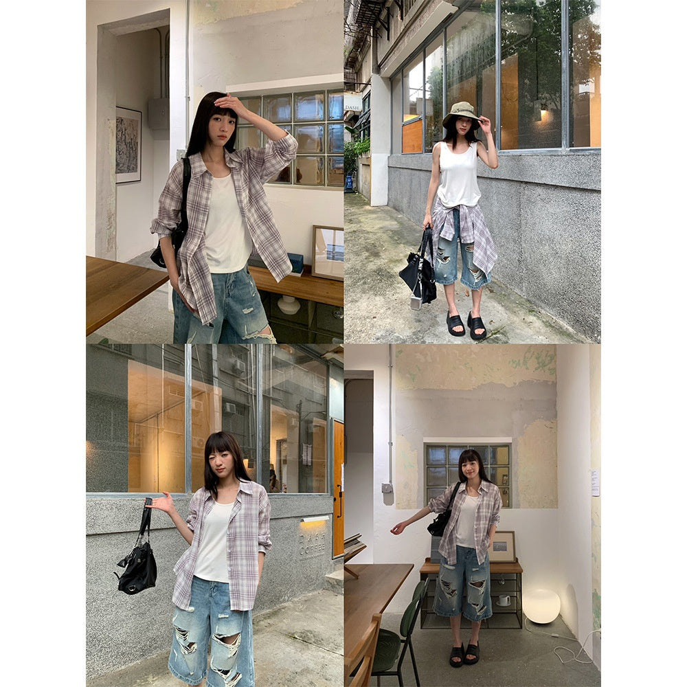 Vintage Plaid Long Sleeve Shirt + Inner Vest Stylish Top Two-Piece Set