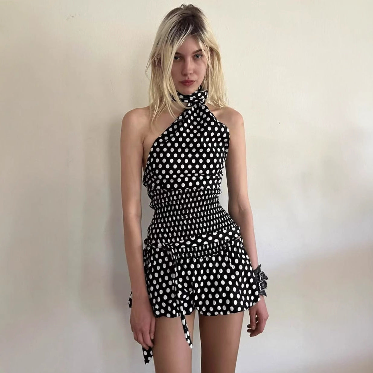 Women's Fashion Sexy Halter Polka Dot Tied Top + Skirt Set