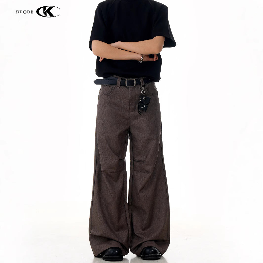 Flared Brown Trousers with Pleated Retro Design Loose Fit Casual Slim Long Pants