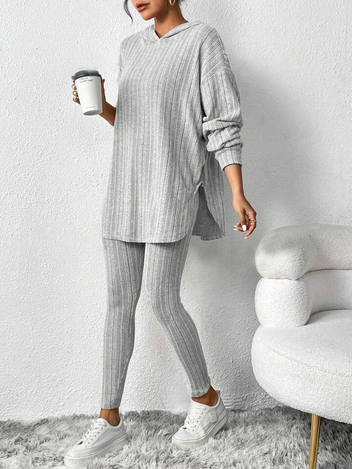 Autumn and Winter Style Loose Hooded Long Sleeve Casual Trousers Ribbed Suit