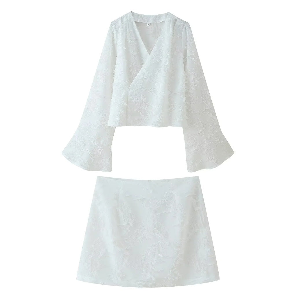 Women's Clothing INS Embossed Long Sleeve V-neck Bodycon Mini Skirt Loose Top Set
