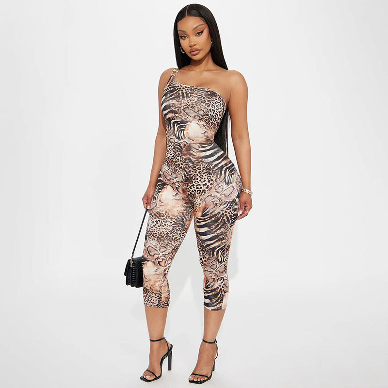Animal print single shoulder sleeveless tight fitting seven part pants jumpsuit for women