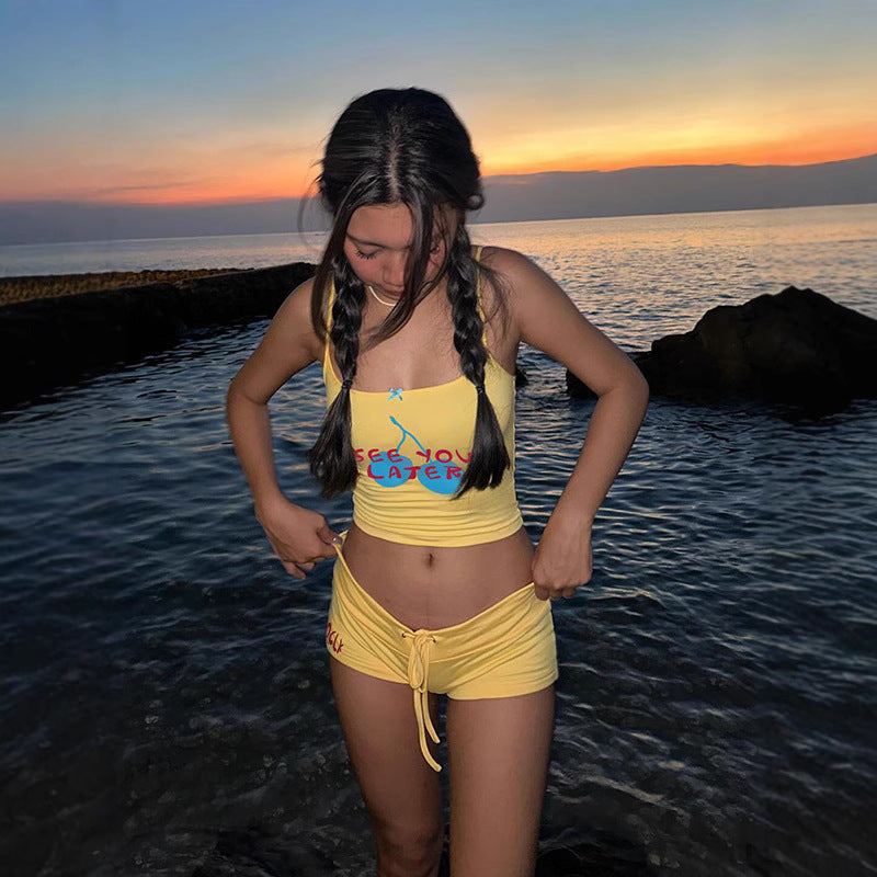 Summer Beach Vacation Style Sweet and Spicy Set Personality Print One-Shoulder Mini Strap Drawstring Low-Waist Slimming Shorts