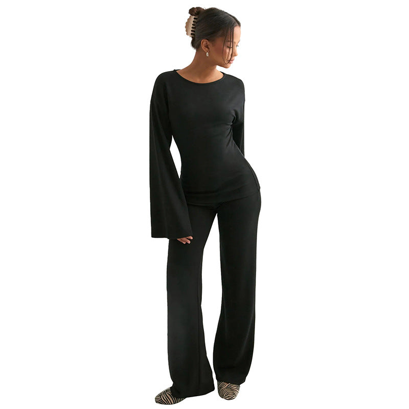 Style Round Neck Flared Long Sleeve Straight Leg Pants Set for Women
