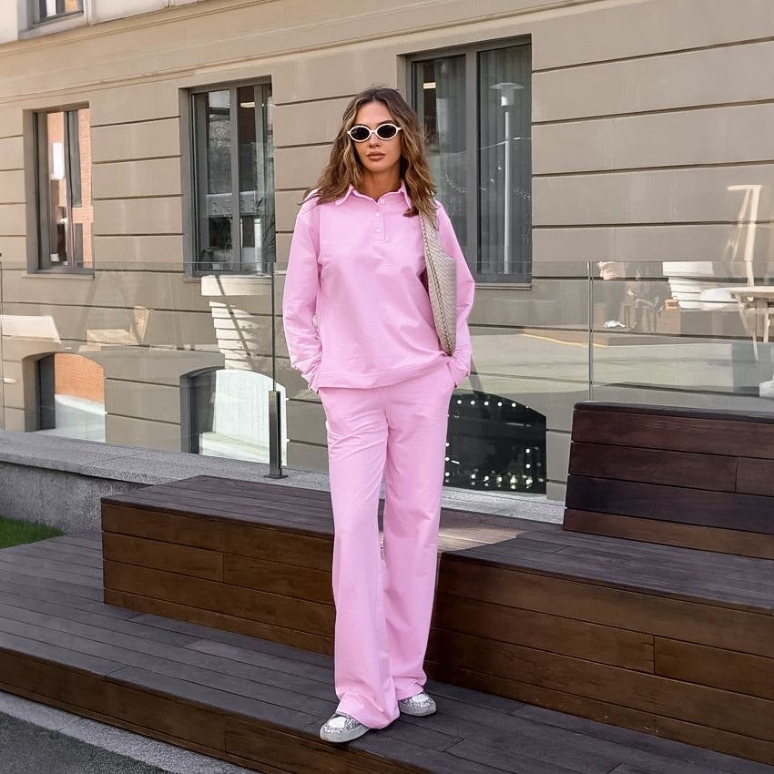 Hoodie Set Women's Polo Collar Long Sleeve Pants High-Grade Trendy Casual Two-Piece Set