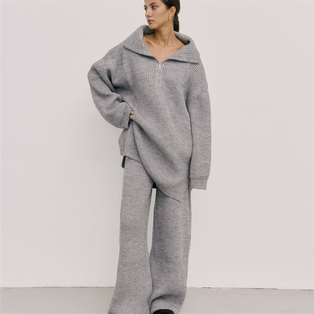 Women's Autumn and Winter Half-Zip Sweater Knit Straight Leg Long Pants Two-Piece Set