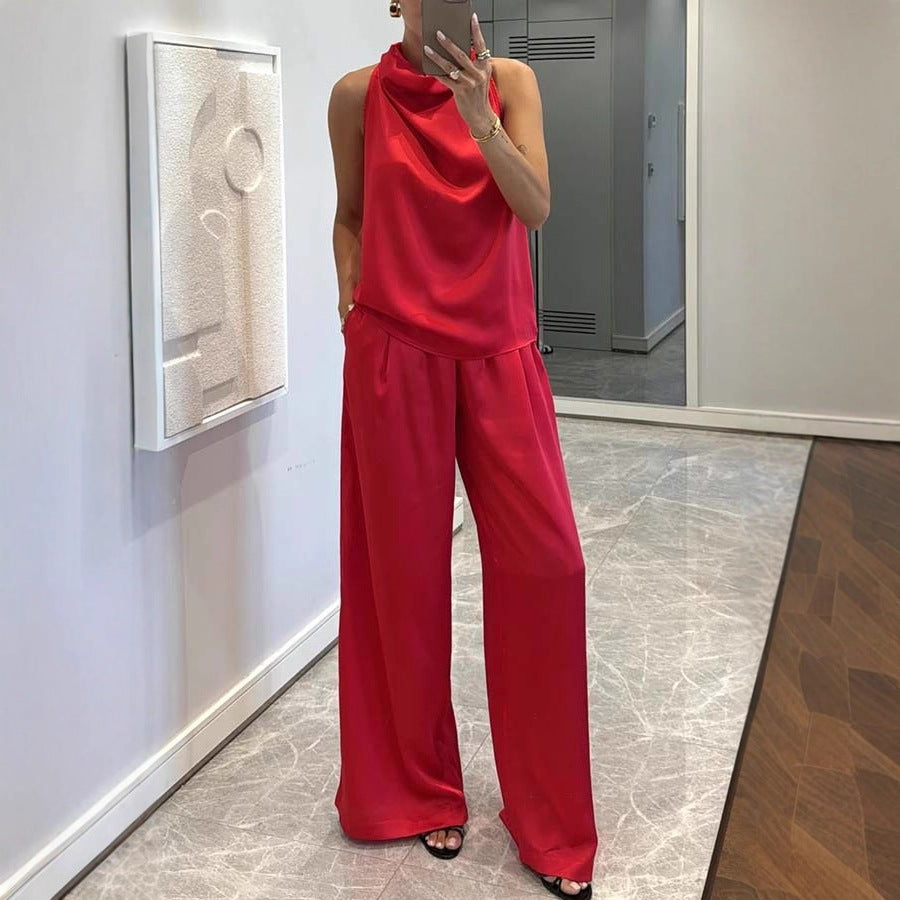 Elegant Sleeveless Long Pants Satin Set Women's Loose Two-Piece Suit for Spring and Summer Casual Vacation