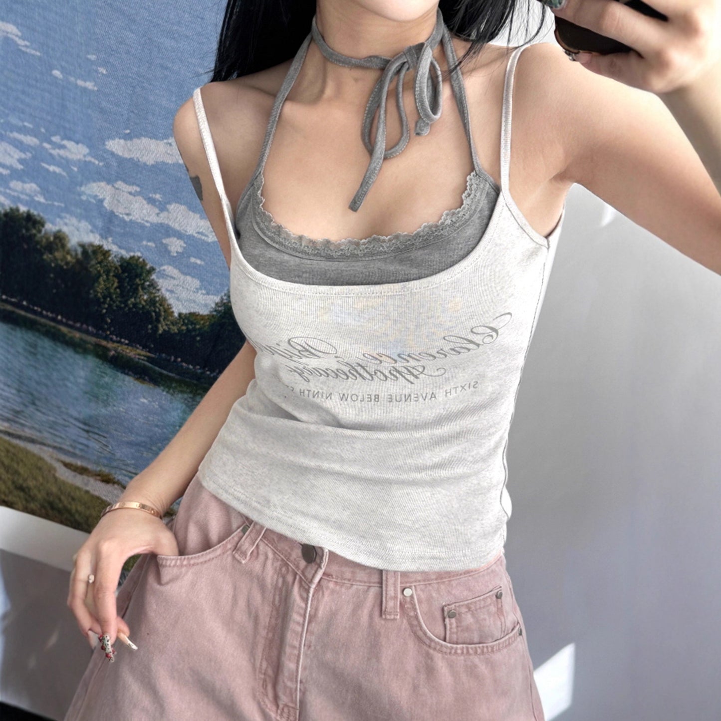 Sweet and Sexy Halter Neck Strapless Crop Top Trendy Fashion Summer New Sexy Spicy Girl Outerwear Two-Piece Set