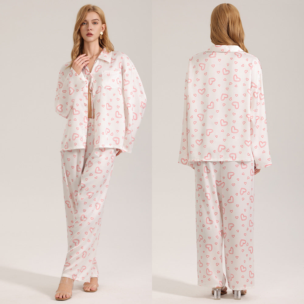 Three-Piece Pajama Set with Heart Print - Strap Top, Long Sleeve, and Long Pants for Women