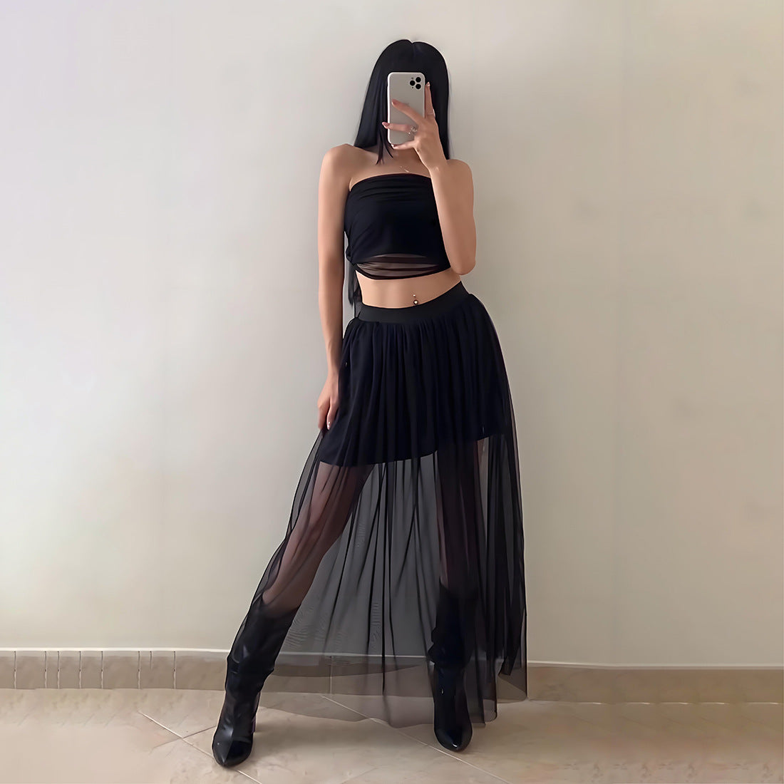 Solid color waist strapless top high waisted mesh skirt set for women