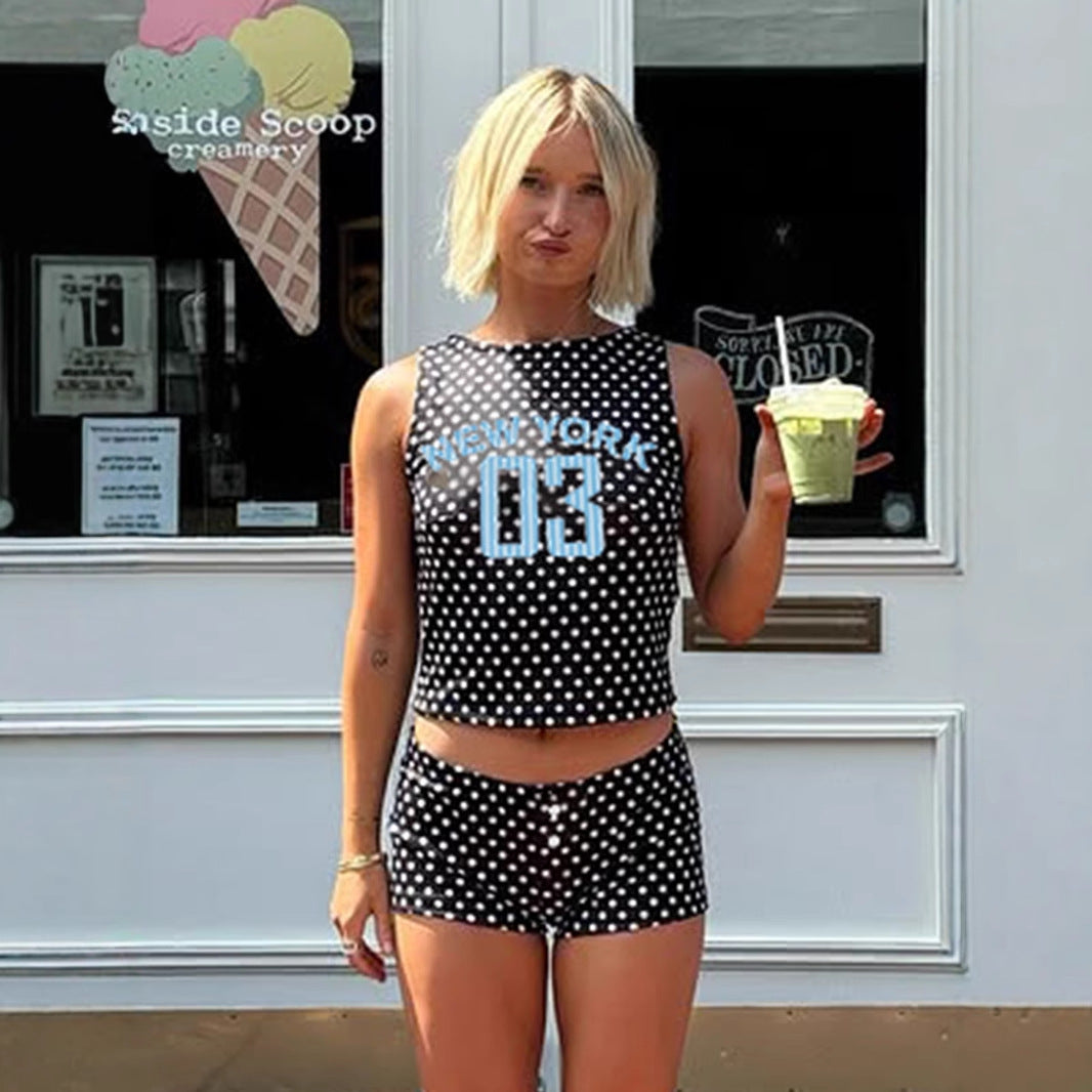 Style Digital Print Polka Dot Sleeveless Tank Top and Shorts Two-Piece Set Summer Sports Casual Spicy Girl Women's Clothing