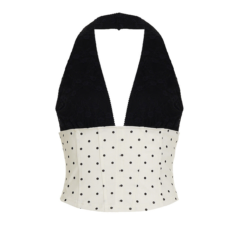 Audrey Hepburn Color Block Halter V-Neck Tank Top + Low Waist Polka Dot Mini A-Line Skirt Spicy Two-Piece Set