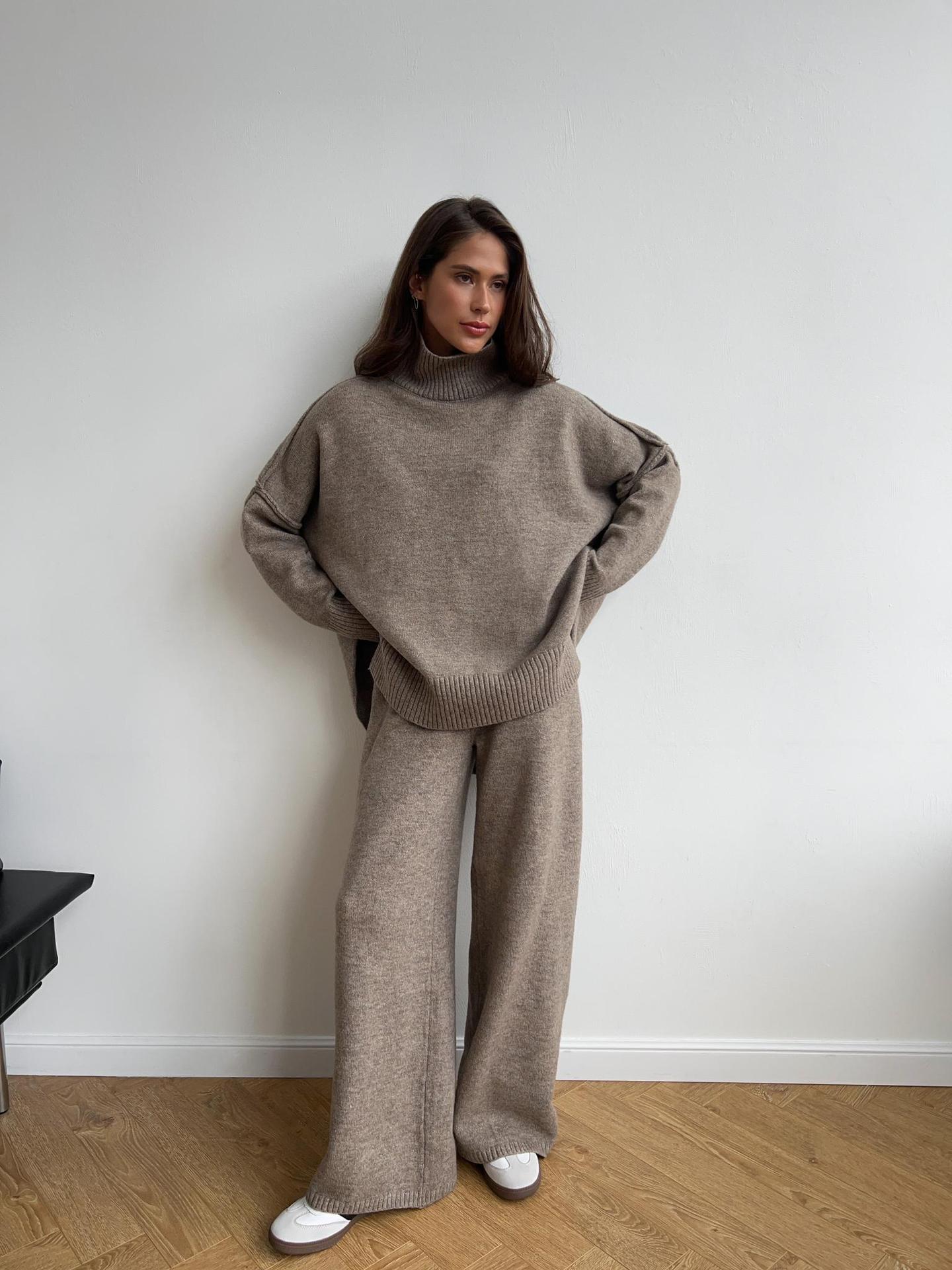 High Neck Slit Wool Sweater Set Women's Loose Casual Lazy Knitted Long Pants Two-Piece Set