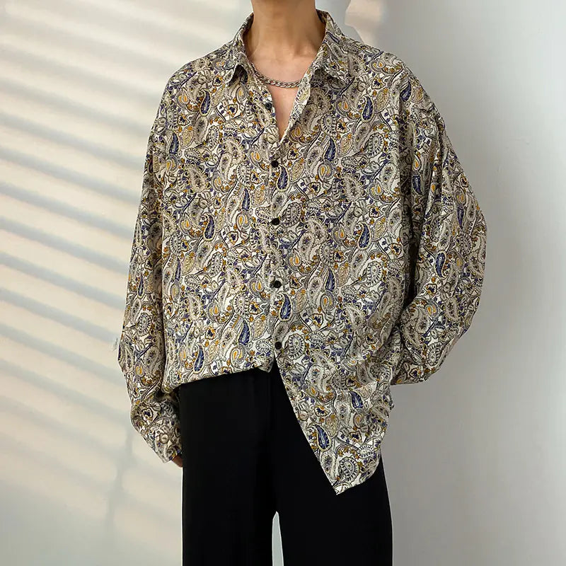 Men's Retro Floral Long Sleeve Shirt - Casual Loose Fit