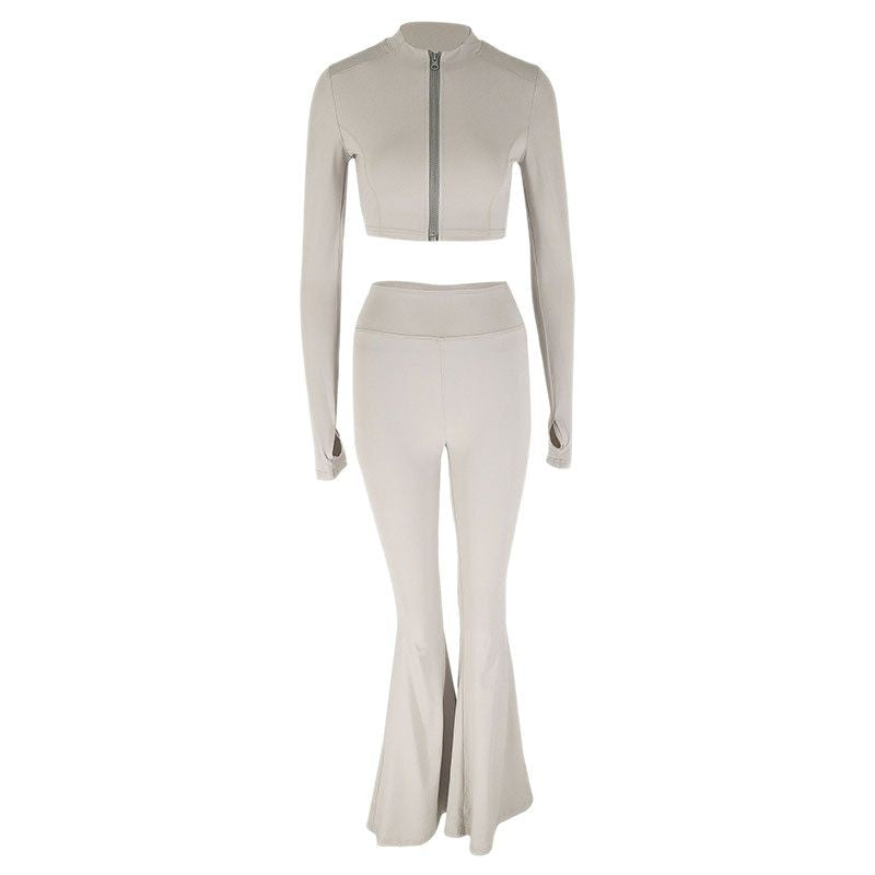 Zipper small stand up collar crop top slim fit pants set for women