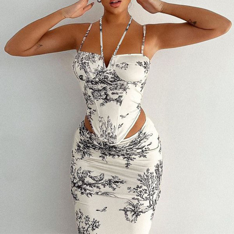 Printed half skirt two-piece casual set for women