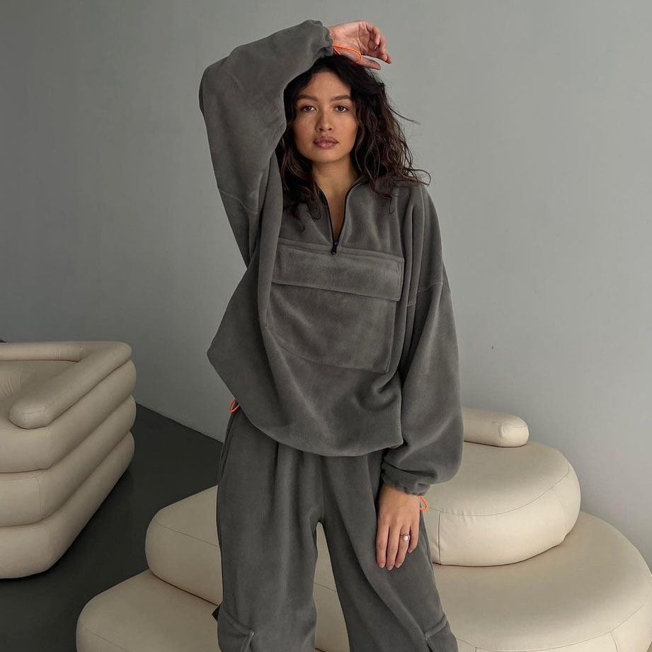 Zip Drawstring Hoodie with Large Pockets and Cuffed Pants Two-Piece Set for Women Trendy