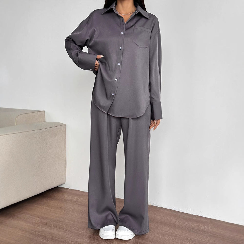 Two-Piece Set Button-Down Collar Top Loose Fit Comfortable Wide-Leg Long Pants