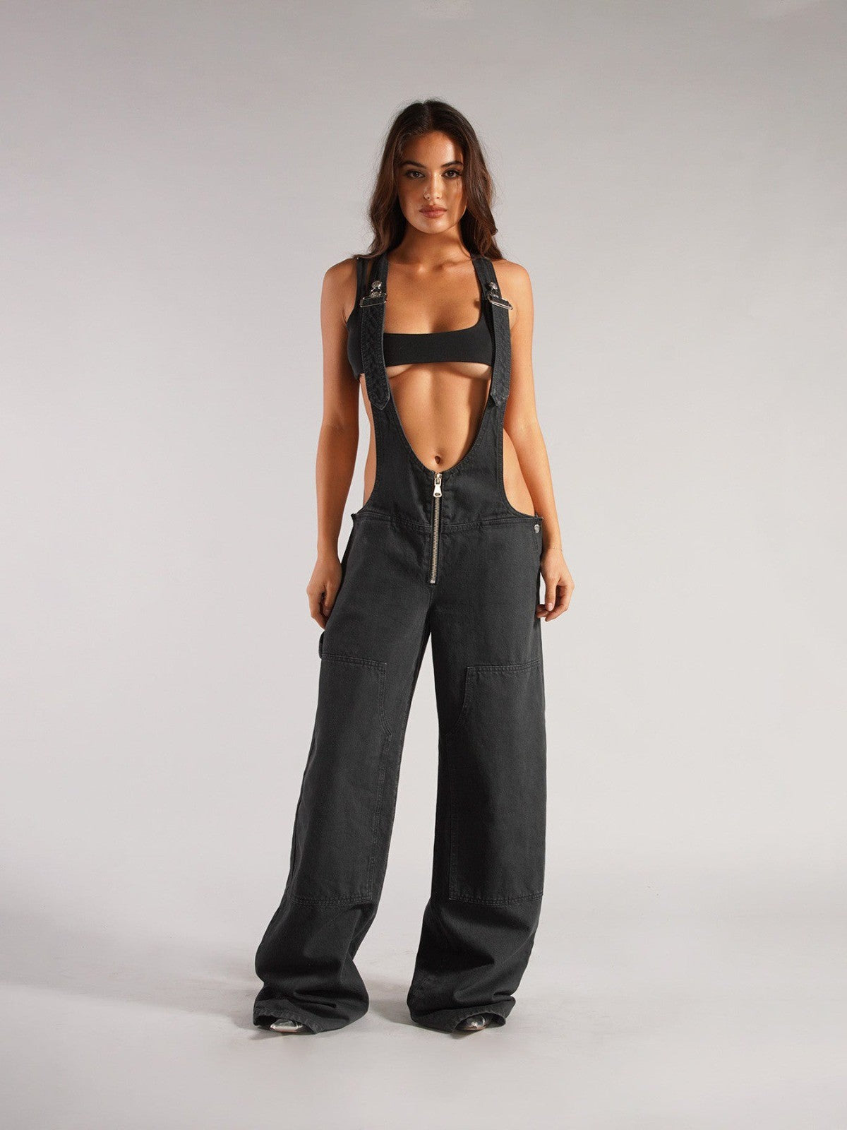 European and American zipper denim overalls women's autumn style loose casual pocket wide leg pants for women