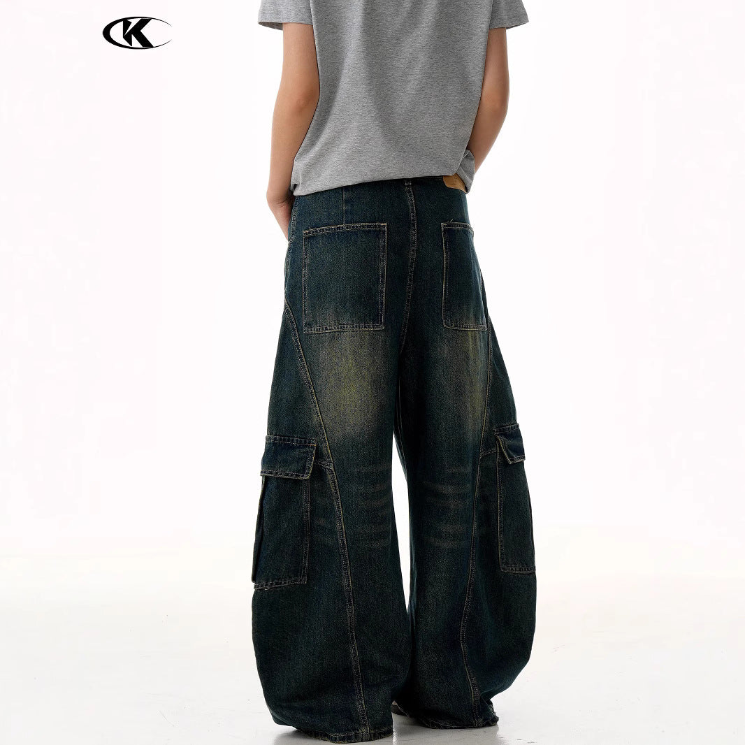 Blue Workwear Tapered Jeans for Men and Women with Multiple Pockets Loose Washed Banana Wide-Leg Long Pants