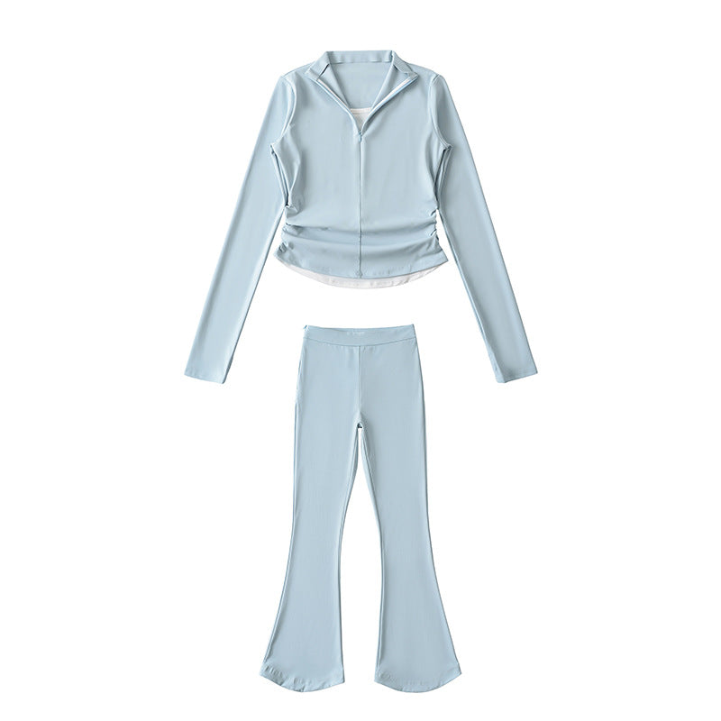 Fake two and a half zipper pleated tops+low waisted horseshoe micro flared pants